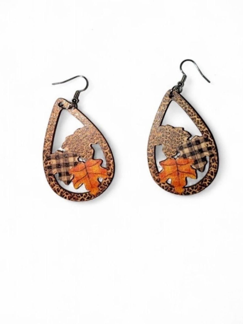 FALL Teardrop Wood Earrings Animal Print Brown & Orange
